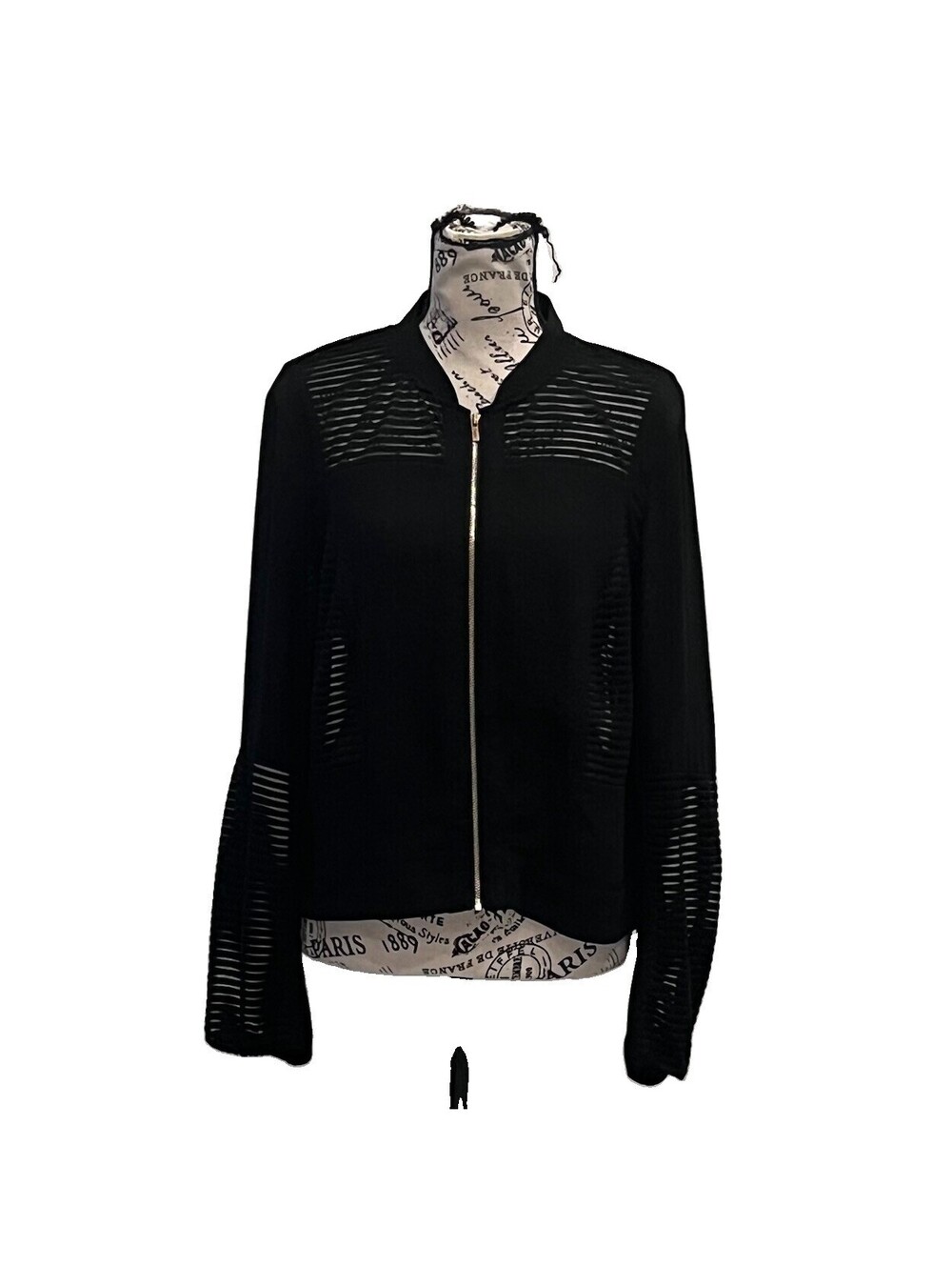 Cache Black Mesh Stripe Zip Front Jacket Size 12 Sheer Cutout Y2K Goth Evening - Picture 2 of 9